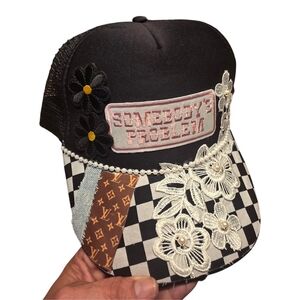 Embellished Black and White Floral Cap